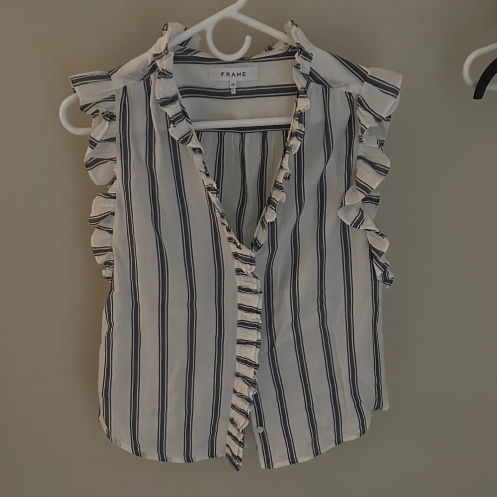 Frame Denim Women's Ruffle Striped Blouse - Blue and White